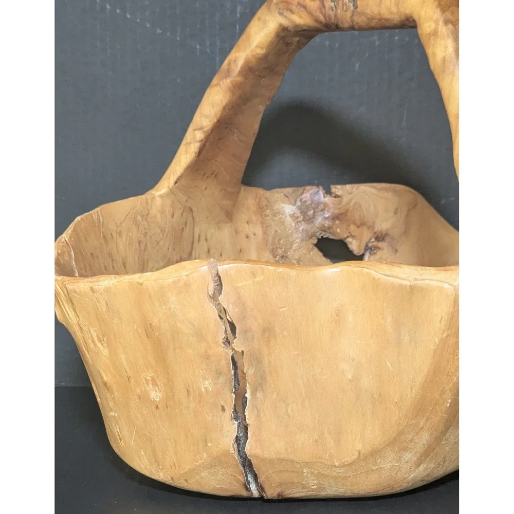 Vintage Hand Carved Burl Wood Rustic Wooden Basket with Handle So Much Character